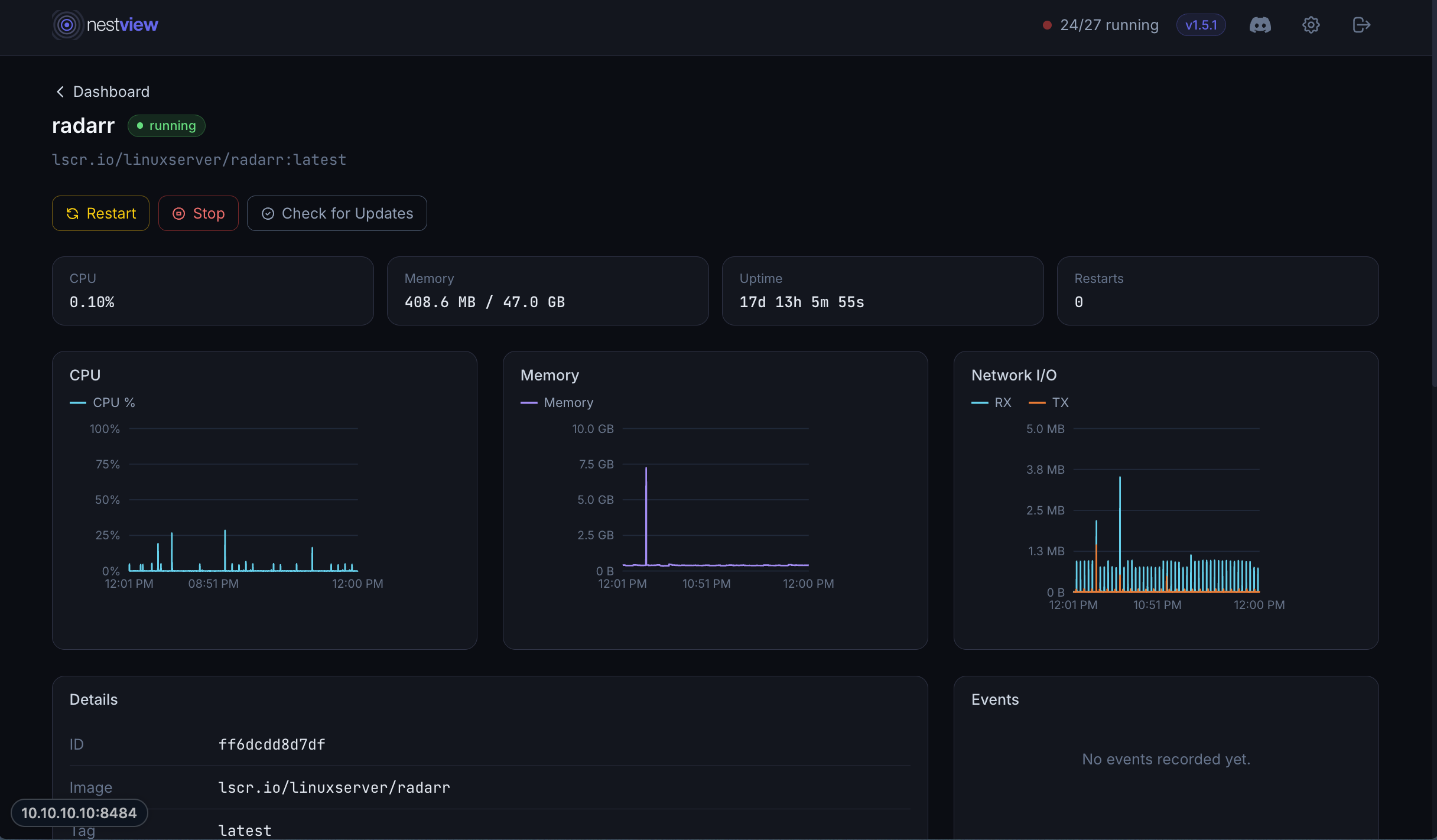 Nestview container dashboard showing service health and metrics
